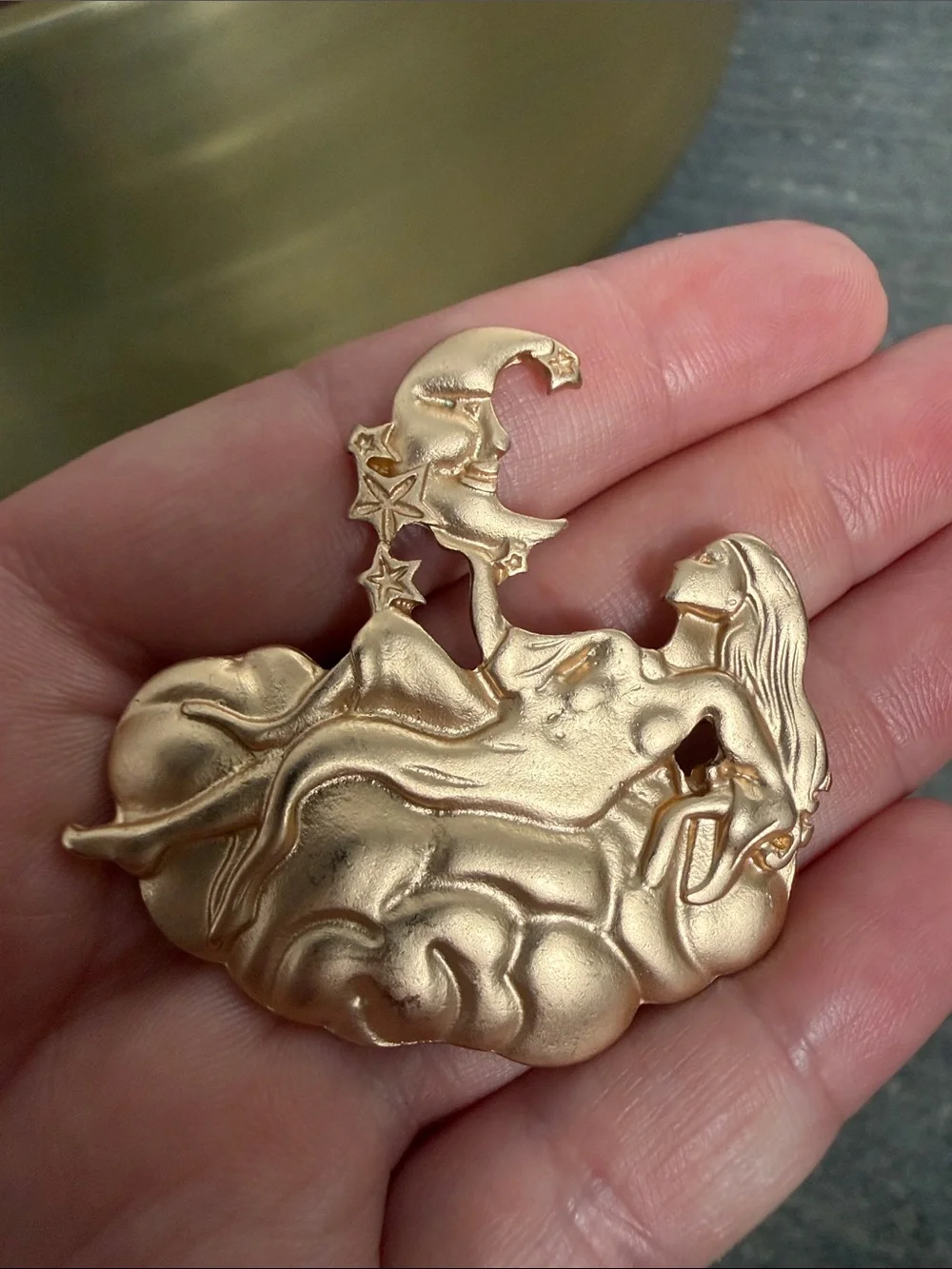 Celestial Art Nouveau Reclining Woman Holding Moon Brooch